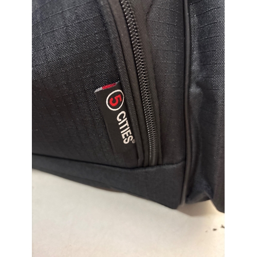 122 - Black fabric travel duffle bag by 5 Cities with dual handles.