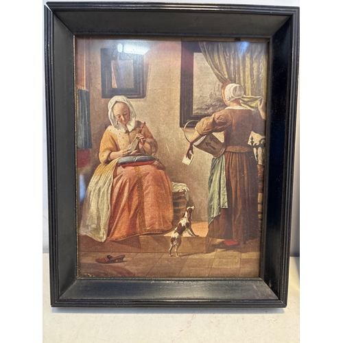 125 - Framed art prints with colored scenes, featuring depictions of everyday life. Black wooden frames wi... 