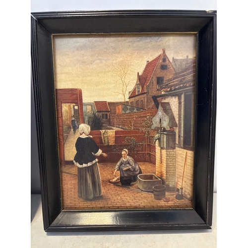 125 - Framed art prints with colored scenes, featuring depictions of everyday life. Black wooden frames wi... 