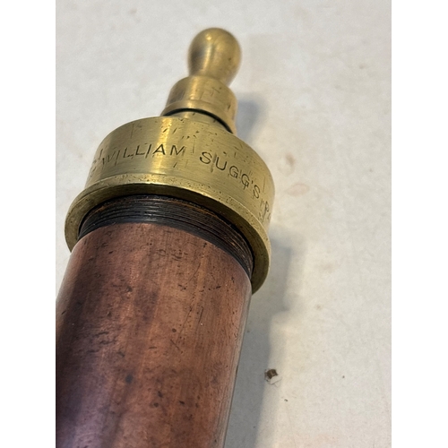 162 - Brass and copper syringe marked 'William Suggs'. Approx. 8 inches long. makers of Victorian gas ligh... 