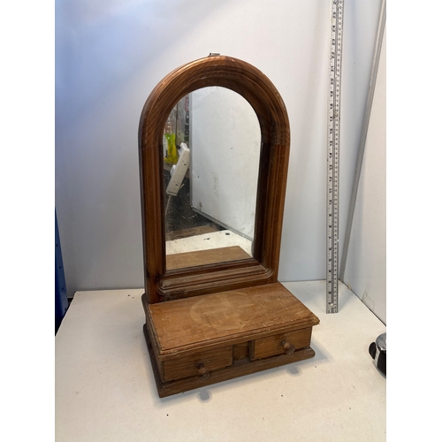 87 - Wooden vanity mirror with drawer storage, arched frame.