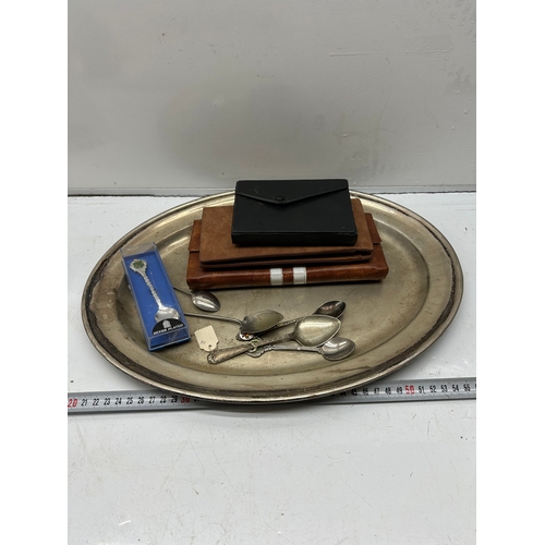 220 - Mixed Household Lot – Silver Plate Tray, Cutlery, Leather Wallets & Ephemera