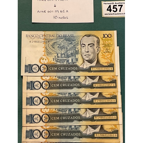 457 - 10 Sequential Banknotes - Banco Do Central Brasil 100 Cruzados