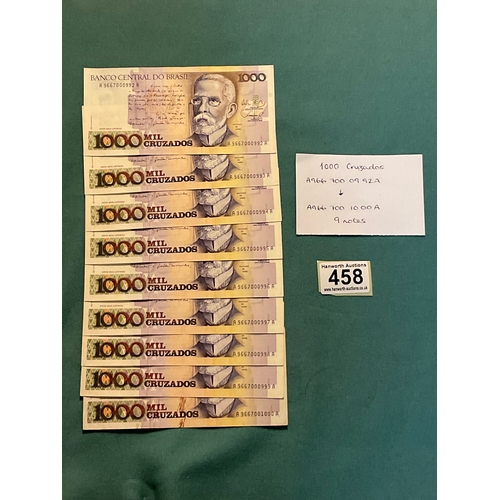 458 - 9 Sequential Banknotes - Banco Do Central Brasil 1000 Cruzados