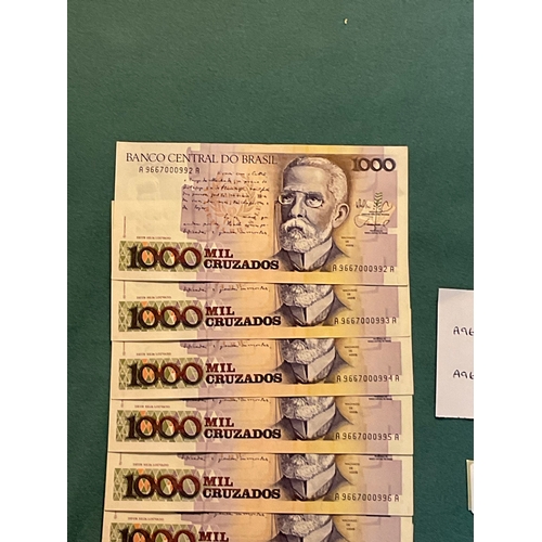 458 - 9 Sequential Banknotes - Banco Do Central Brasil 1000 Cruzados