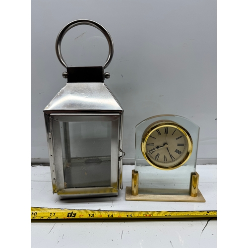 244 - Decorative Metal Lantern and Glass Mantel Clock
