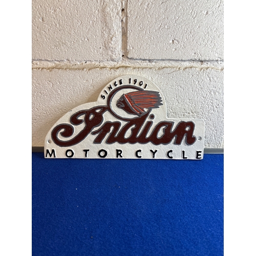 98 - Reproduction Metal Indian Motorcycle wall sign, approx. 10x6 inches.