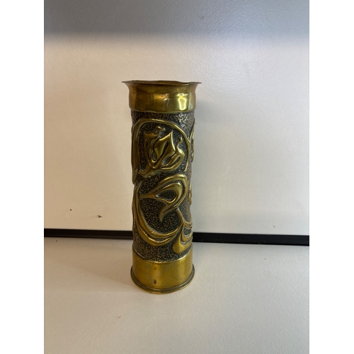 51 - Trench chart,brass artillery shell with embossed floral patterns, dated 1910