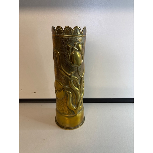 52 - Brass trench art vase with tulip motif, 1917 dated.