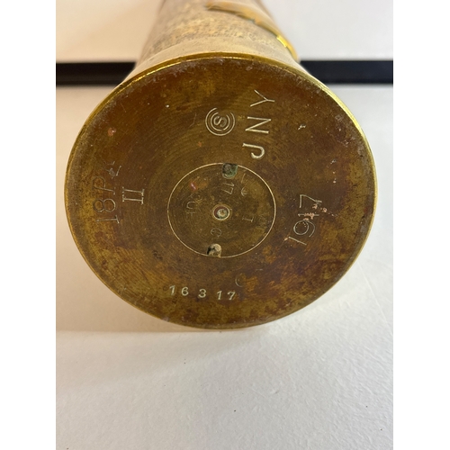 52 - Brass trench art vase with tulip motif, 1917 dated.