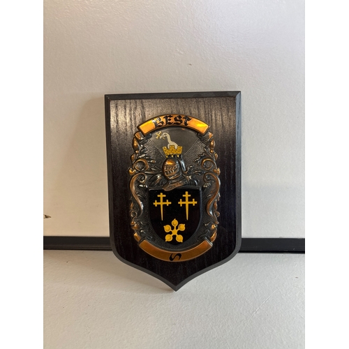 56 - Wall-mounted wooden army crest with metallic details.