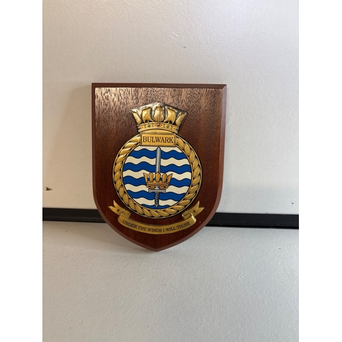 57 - HMS Bulwark wooden shield with crest, good condition.