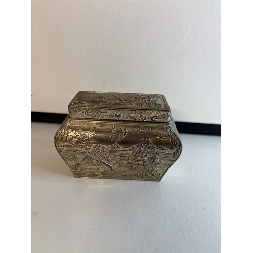 7 - Engraved silver plated tea caddy  box with removable lid and tray.