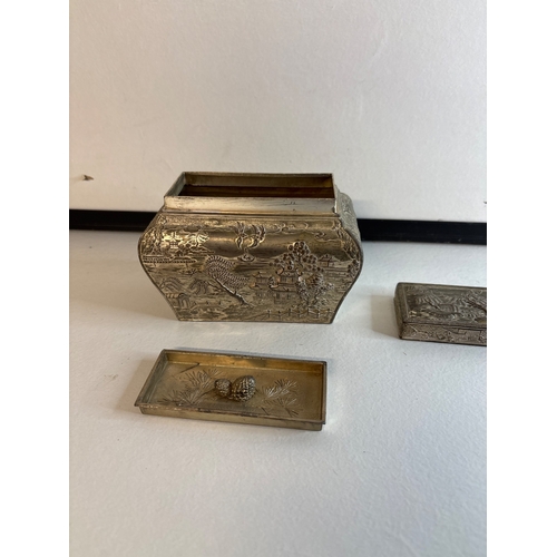7 - Engraved silver plated tea caddy  box with removable lid and tray.
