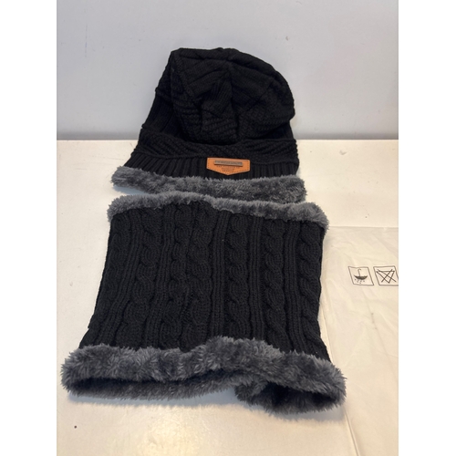 94 - Black knit hat and scarf set, wool blend, with gray trim.
