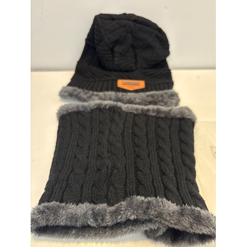 96 - Black knit scarf and hood with faux fur trim.
