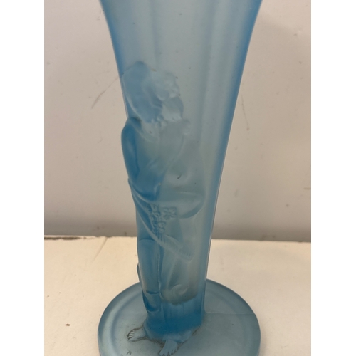30 - Blue glass vase with embossed female figure design.