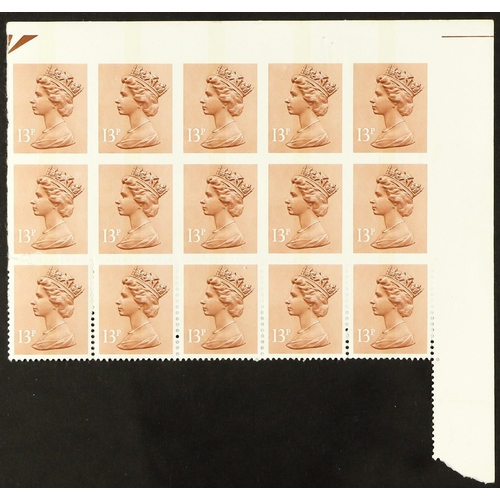 647 - GB.ELIZABETH II 1984 13p pale chestnut Machin, SG X900, upper right corner block of fifteen (5x3), t... 