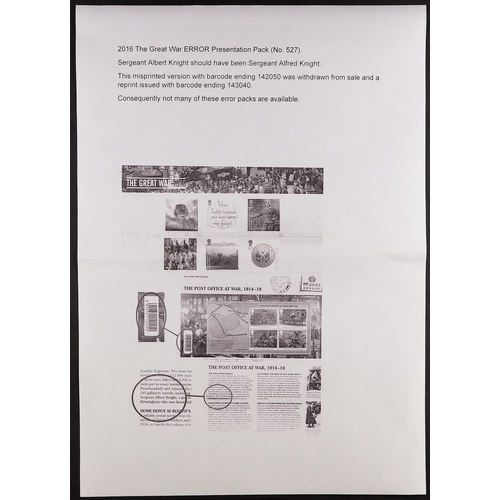 657 - GB.ELIZABETH II 2016 THE GREAT WAR Presentation pack (no. 527) showing ERROR Albert for Alfred.