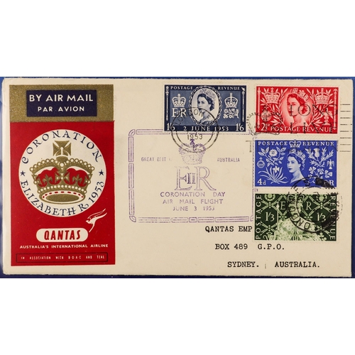 734 - GB.FIRST DAY COVERS 1953 Coronation set on Qantas illustrated cover, tied London Long Live slogan, f... 