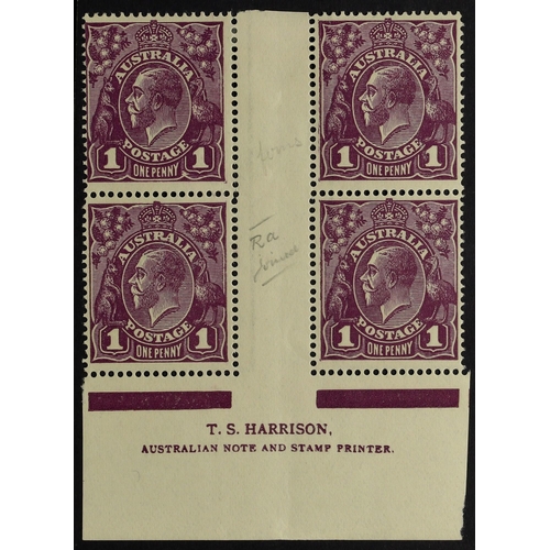 108 - AUSTRALIA 1922-24 1d violet, Harrison imprint block of four, BW 76(4)z, fine mint. Cat. $650.