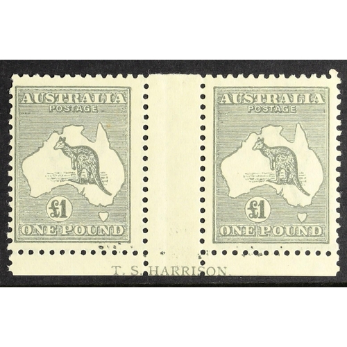 109 - AUSTRALIA 1923-24 £1 grey Kangaroo, SG 75, Harrison imprint pair with usual trimmed inscription, fin... 