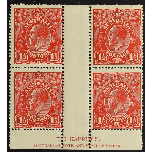 112 - AUSTRALIA 1924-25 1½d scarlet, SG 77, Harrison imprint block of four, fine mint. BW 89(13 or 16), $6... 