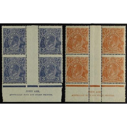 115 - AUSTRALIA 1926-30 3d Die II and 5d perf. 13½x12½, SG 100b, 103a, Ash imprint blocks of four, fine mi... 