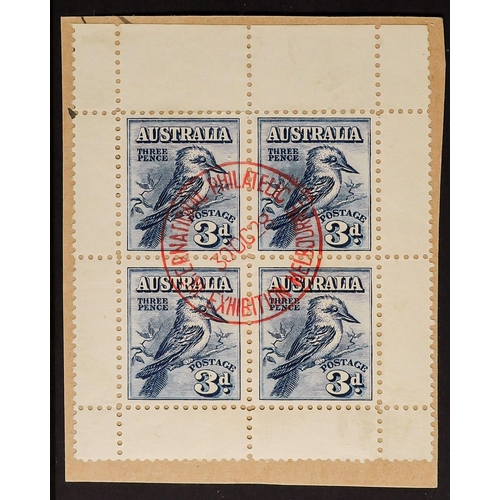 117 - AUSTRALIA 1928 Stamp Exhibition miniature sheet, SG MS106a, on a piece with red Exhibition cds. Cat.... 