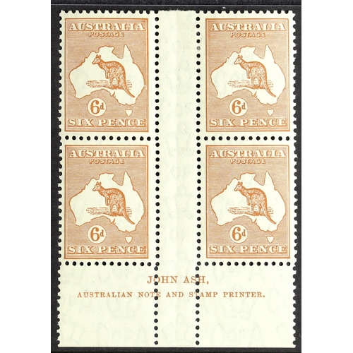 123 - AUSTRALIA 1931-36 6d chestnut Kangaroo, SG 132, Ash Plate 3 imprint block of four, fine mint with lo... 