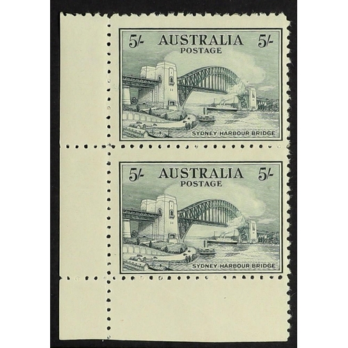 124 - AUSTRALIA 1932 5s blue-green Sydney Bridge, SG 143, lower left vertical corner pair, fine mint with ... 