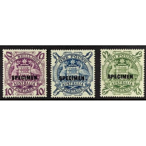 126 - AUSTRALIA 1949-50 10s, £1 and £2 Arms, each overprinted SPECIMEN, SG 224bs/de, never hinged mint. Ca... 