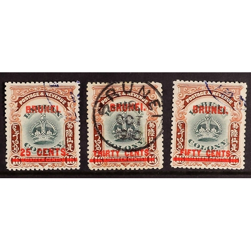 165 - BRUNEI 1906 25c on 16c, 30c on 16c and 50c on 16c, SG 19/21, fine used. Cat. £380. (3 stamps)