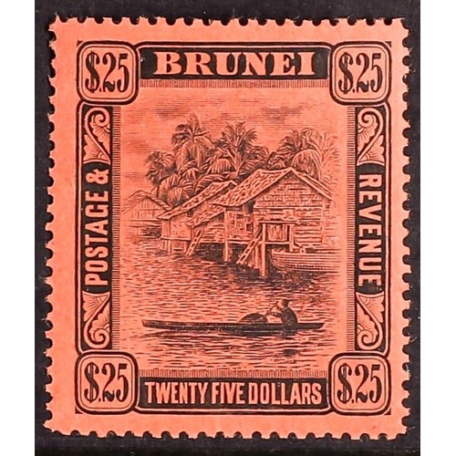 169 - BRUNEI 1908-22 $25 black on red Huts, SG 48, mint with light gum bends. Cat. £650.