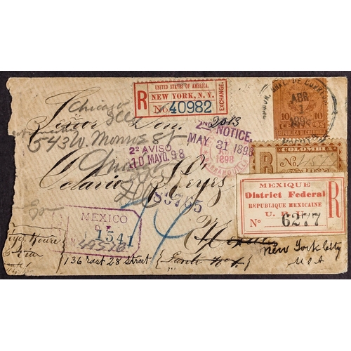 182 - COLOMBIA 1898 registered cover, Bogota to Mexico City, redirected to New York, showing a wide range ... 