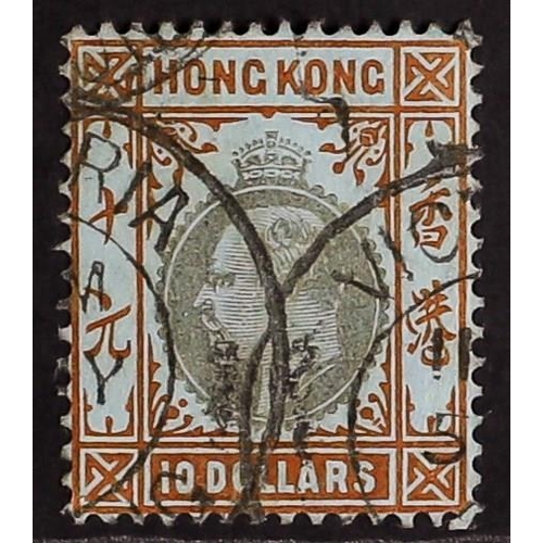 215 - HONG KONG 1904-06 $10 slate and orange on blue ordinary paper, SG 90, part Victoria cds's, minor sur... 