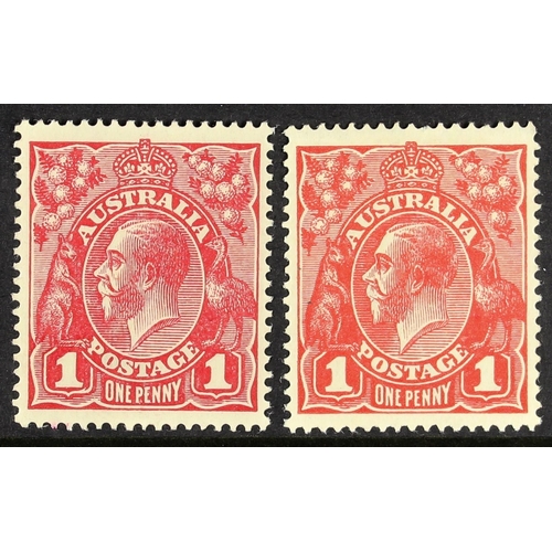 89 - AUSTRALIA 1914-20 1d Die II, in carmine-red and in pale carmine, SG 21d/dc, fine mint. Cat. £900. (2... 