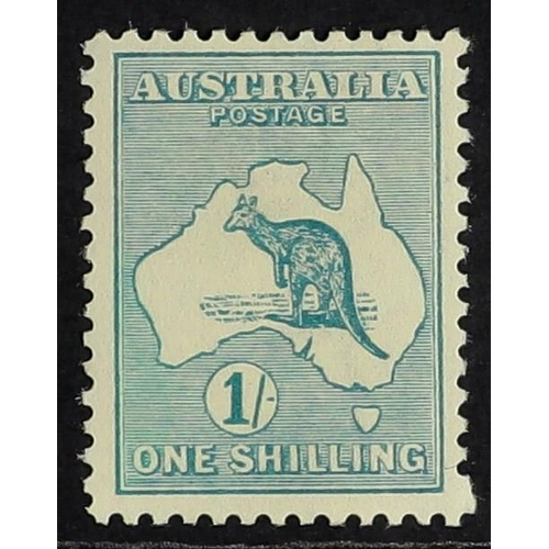 91 - AUSTRALIA 1915 1s blue-green Kangaroo, watermark 5, SG 28, fine mint and showing blind perf at lower... 