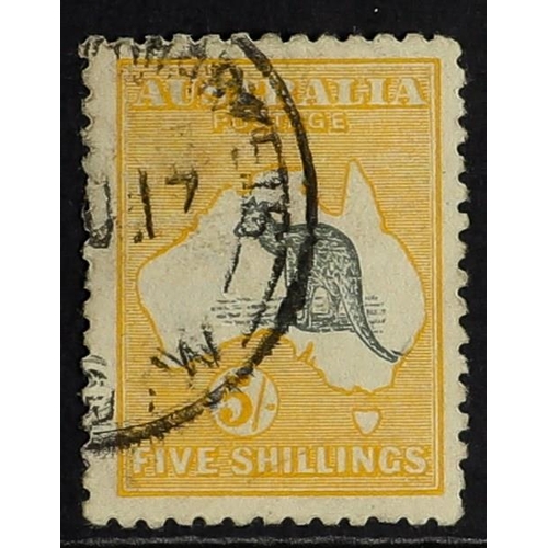 95 - AUSTRALIA 1915 5s grey and yellow Kangaroo, watermark 5, SG 30, neatly cancelled, ink catalogue numb... 