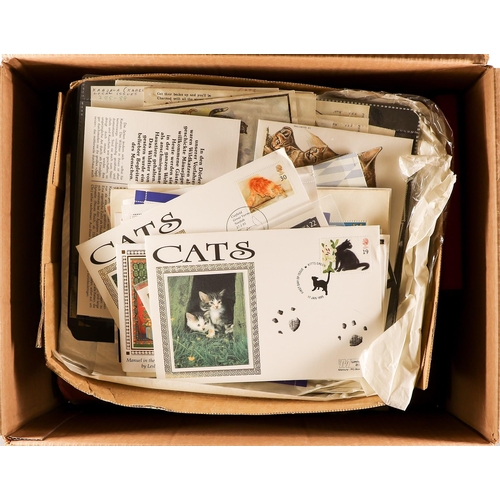 112 - TOPICALS CATS ON STAMPS & COVERS A box of stamps, covers, old post cards and other small ephemera be... 