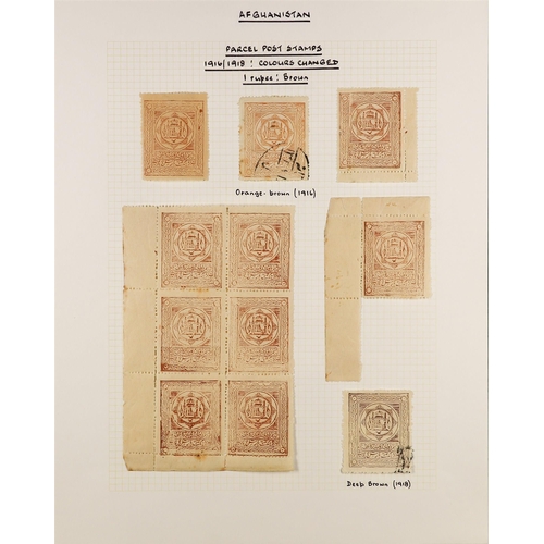 114 - AFGHANISTAN PARCEL POST STAMPS 1909-18 a study collection written up on pages of Scott Q1/9, with va... 