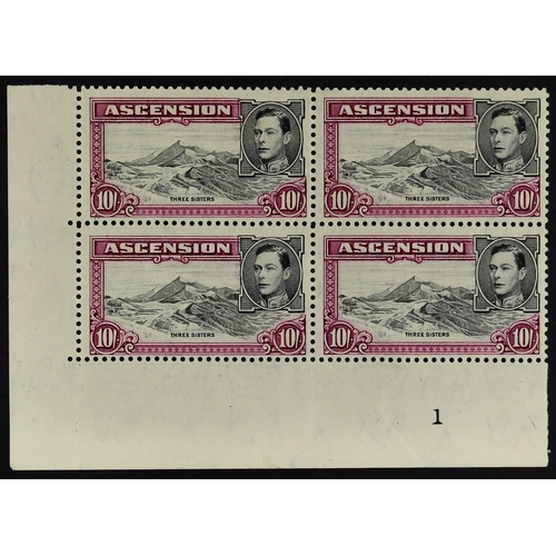 138 - ASCENSION 1944 10s black and bright purple, perf. 13, SG 47b, lower left corner plate 1 block of fou... 