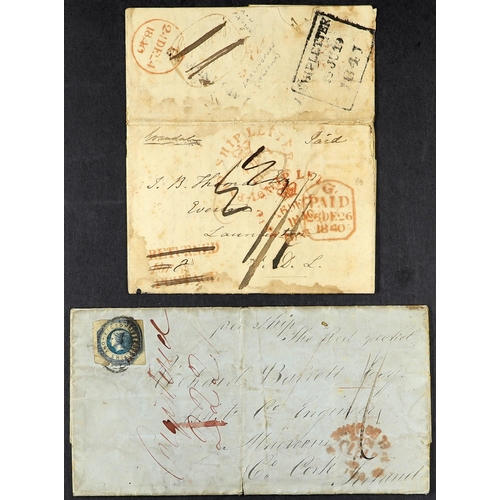 142 - AUSTRALIAN STATES 1840-41 Two (very travel-worn) entire letters. The first a ship letter out of Lond... 