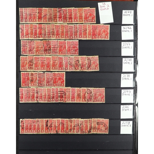 159 - AUSTRALIA KING GEORGE FIFTH HEADS - PLATED COLLECTION a stockbook of 1d red Die II, 1d green, 1½d br... 