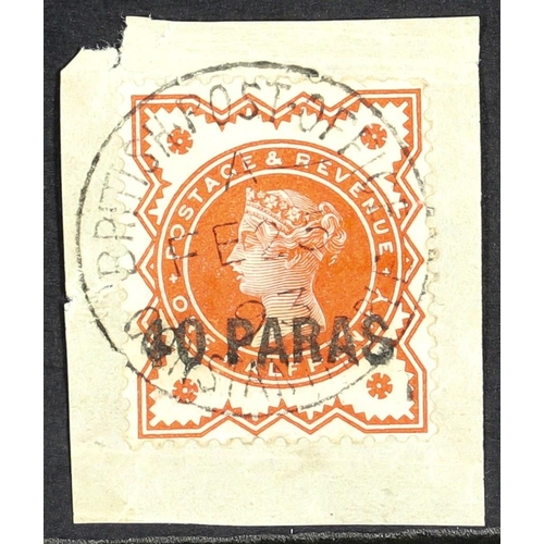 201 - BR. LEVANT 1893 40pa on ½d vermilion, SG 7, on a piece tied by first day cds, 