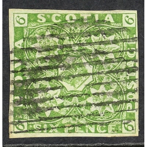 212 - CANADA - NOVA SCOTIA 1851 6d yellow-green, SG 5, four clear to good margins, neat barred cancel. Cat... 