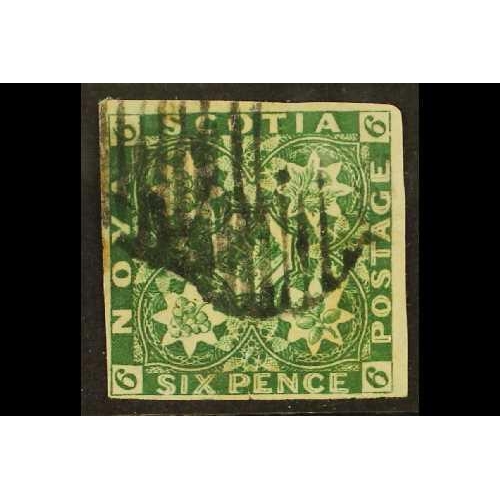 113 - CANADA - NOVA SCOTIA 1851-60 6d deep green, SG 6, good used with barred cancel, a small tone patch b... 