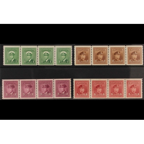 118 - CANADA 1948 COIL STRIPS 1c green, 2c brown, 3c purple, and 4c carmine-lake War Effort, imperf x perf... 