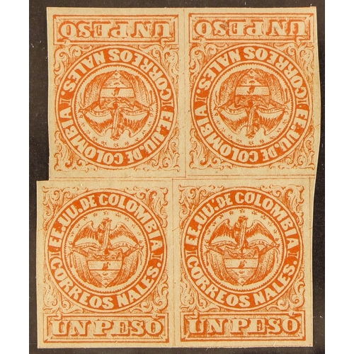 126 - COLOMBIA 1868 1p vermilion type II, tete-beche, Scott 57a, a mint block of four showing two tete-bec... 