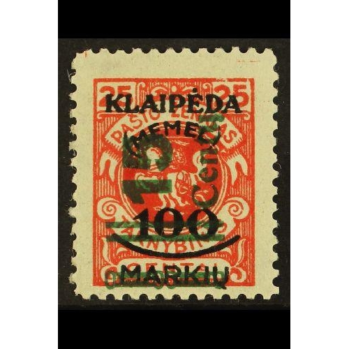 193 - GERMANY - MEMEL 1923 15c on 100m on 25c scarlet SURCHARGE TYPE II with thick broad figures (Michel 2... 